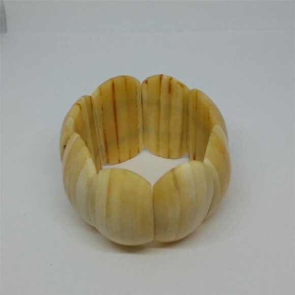 Natural bone polished carved stretch bracelet wide statement - Picture 3 of 4